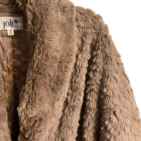 JOLT Faux Fur Coat Sz M Brown Wide Sleeve Pocket Roll Collar Butter Soft - Picture 5 of 10